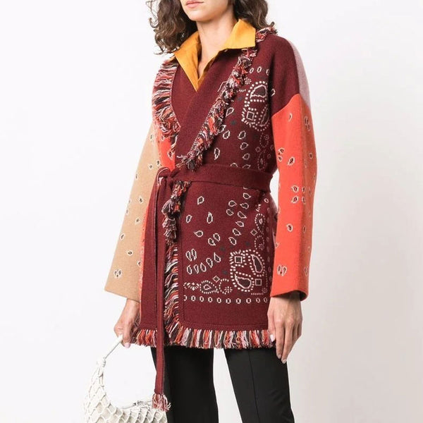 Boho Multicolored Color Block Wool Blend Paisley Jacquard Knit Long Cardigan