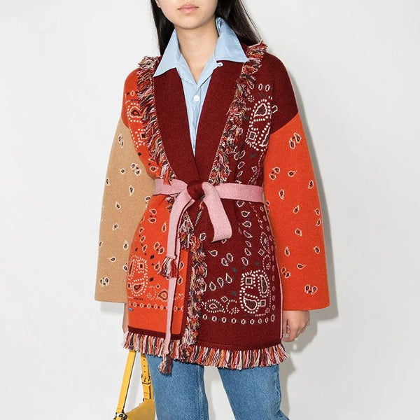 Boho Multicolored Color Block Wool Blend Paisley Jacquard Knit Long Cardigan