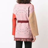Boho Multicolored Color Block Wool Blend Paisley Jacquard Knit Long Cardigan