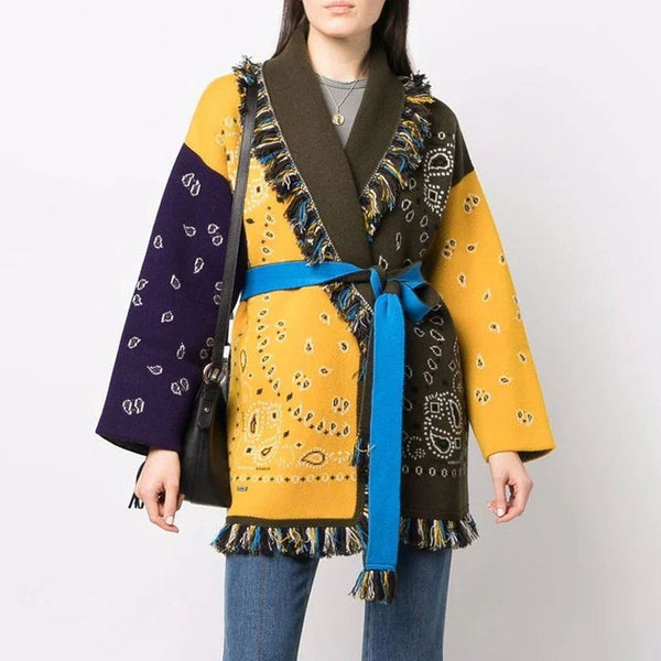 Boho Multicolored Panel Wool Blend Paisley Jacquard Knit Long Cardigan