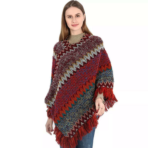 Boho Fringe Chevron Striped Pattern Pullover Poncho Sweater