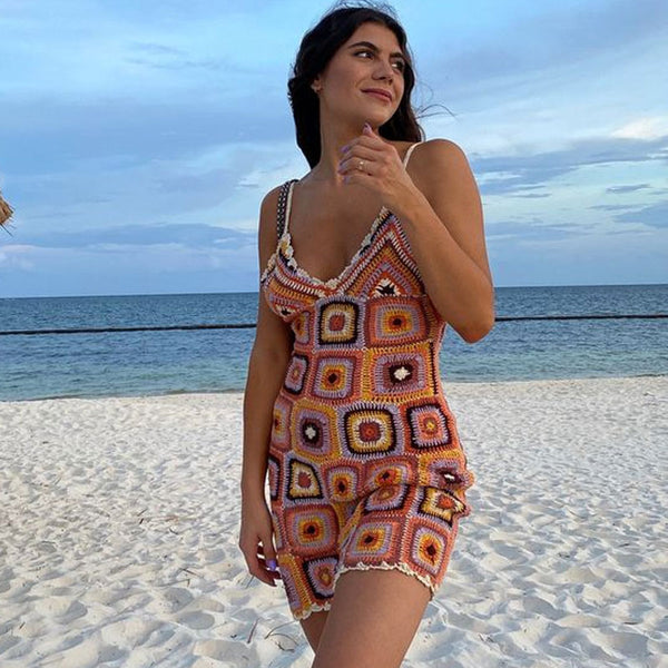 Boho Handmade Granny Square Spaghetti Strap Orange Crochet Knit Mini Dress