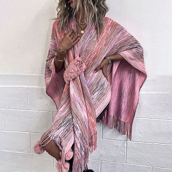 Boho Pom Pom Fringe Trim Pull Through Pink Space Dye Knit Cape Cardigan