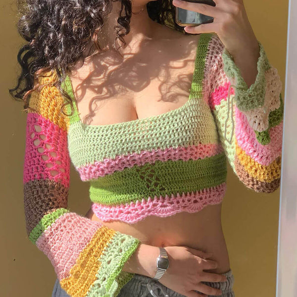 Boho Square Neck Rainbow Striped Crochet Open Knit Cropped Top