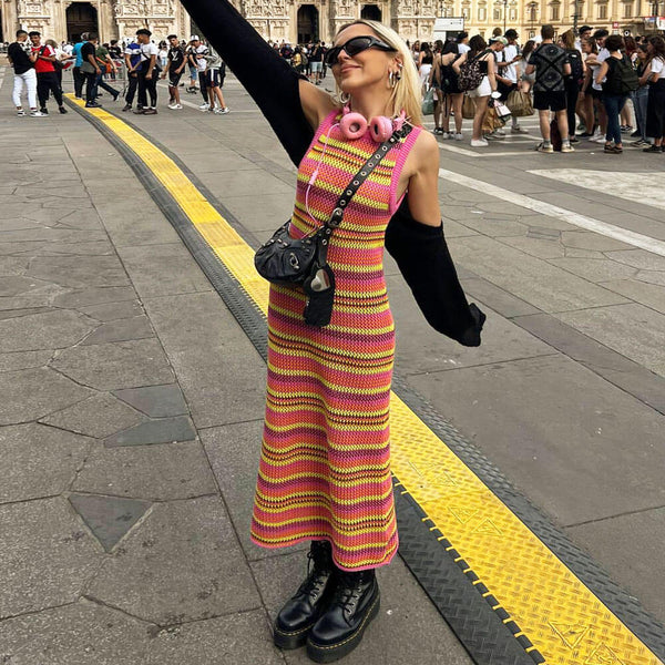 Boho Multicolor Striped Pattern Crew Neck Sleeveless Crochet Knit Maxi Dress