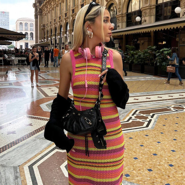 Boho Multicolor Striped Pattern Crew Neck Sleeveless Crochet Knit Maxi Dress
