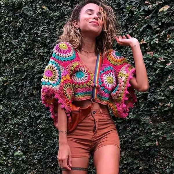 Boho V Neck Short Sleeve Multicolored Handmade Granny Square Boho V Neck Short Sleeve Multicolored Handmade Granny Square