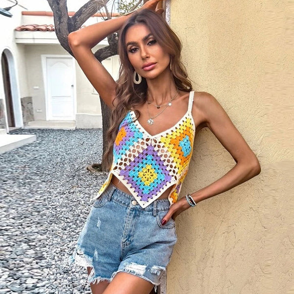 Boho V Neck Suspender Strap Granny Square Multicolored Crochet Knit Crop Top