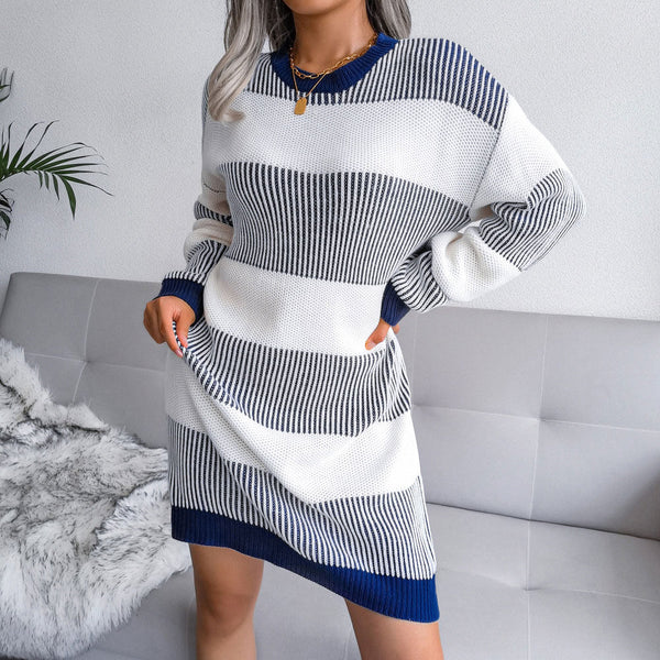 Breton Crew Neck Two Tone Striped Mini Sweater Dress