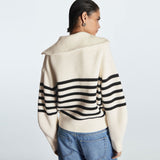 Breton Spread Collar Half Zip Black and Beige Striped Sweater
