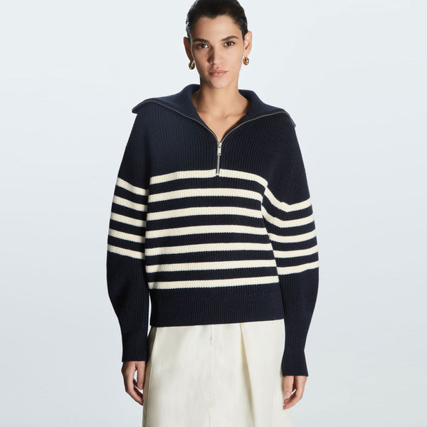 Breton Spread Collar Half Zip Blue and White Striped Sweater