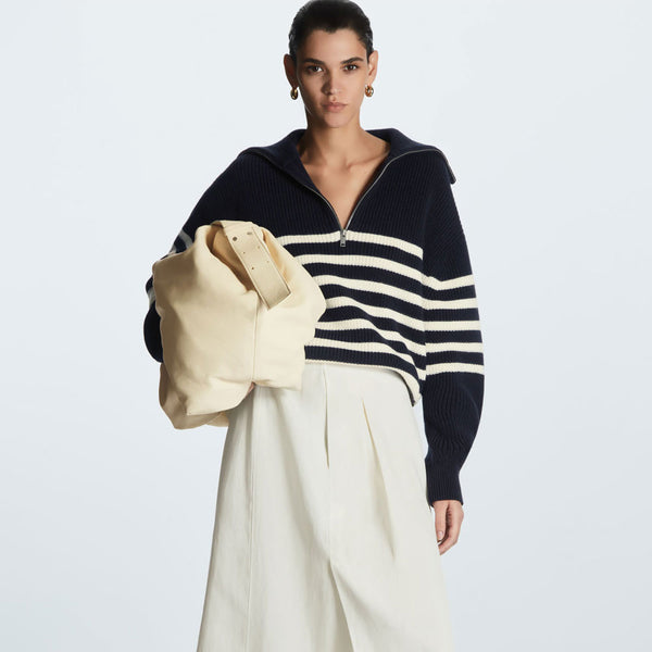 Breton Spread Collar Half Zip Blue and White Striped Sweater