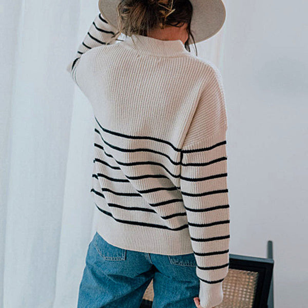 Breton Striped Ivory Crew Neck Long Sleeve Half Zip Rib Knit Sweater