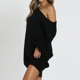 Casual Boat Neck Balloon Sleeve Loose Fit Mini Ribbed Sweater Dress