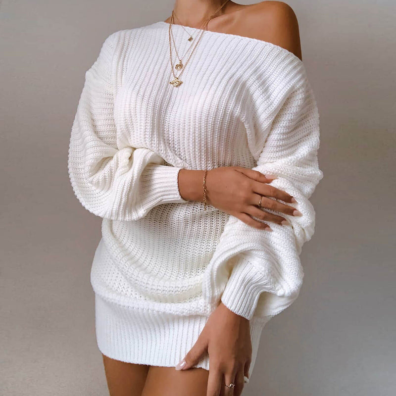 Casual Boat Neck Balloon Sleeve Loose Fit Mini Ribbed Sweater Dress