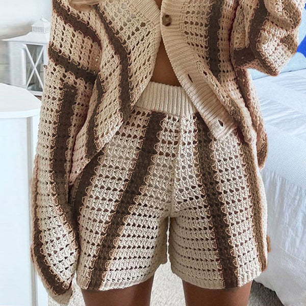 Casual Contrast Striped Crochet Open Knit High Waisted Shorts