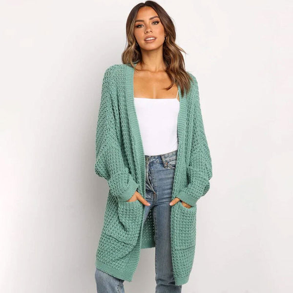 Casual Open Front Drop Shoulder Crochet Waffle Knit Cardigan