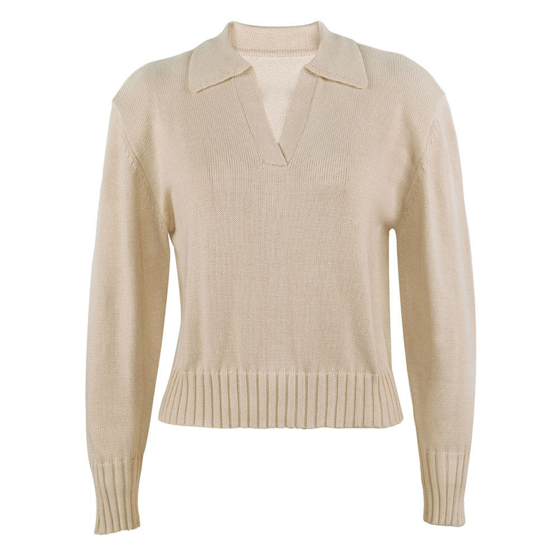 Casual Style Collared V Neck Long Sleeve Knit Sweater