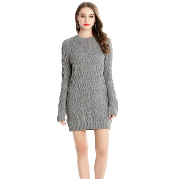 Casual Solid Grey Crew Neck Chunky Cable Knit Long Sweater