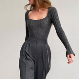 Casual Gray Solid Color Square Neck Long Sleeve Rib Knit Fitted Crop Top