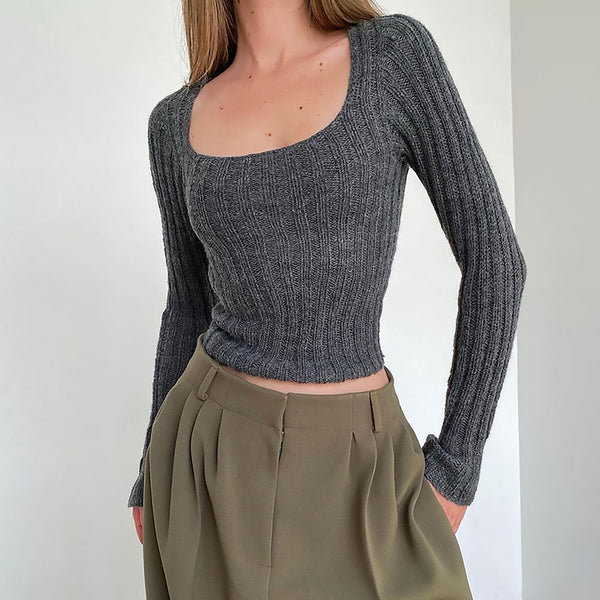 Casual Gray Solid Color Square Neck Long Sleeve Rib Knit Fitted Crop Top
