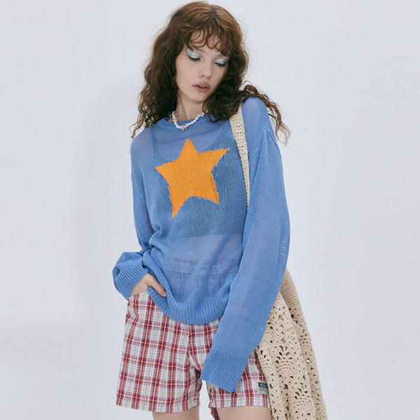 Casual Star Print Crew Neck Long Sleeve Sheer Knit Pullover Sweater