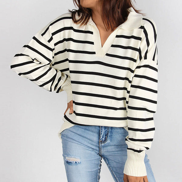 Casual White Striped V Neck Long Sleeve Fold Over Collared Knit Sweater