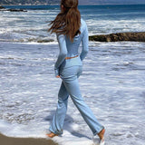 Casual Blue Zip Up Hoodie and Buckle Detail Low Rise Knit Flare Pants Matching Set