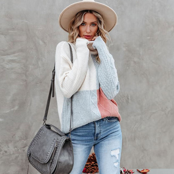 Chic Color Block Patchwork Fisherman Oversized Turtleneck Sweater