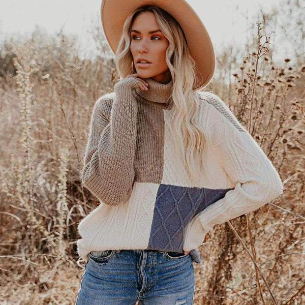 Chic Color Block Patchwork Fisherman Oversized Turtleneck Sweater