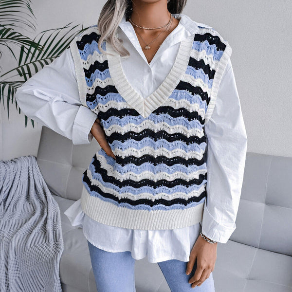 Chic Contrast Scalloped Stripe Pattern V Neck Pointelle Knit Sweater Vest