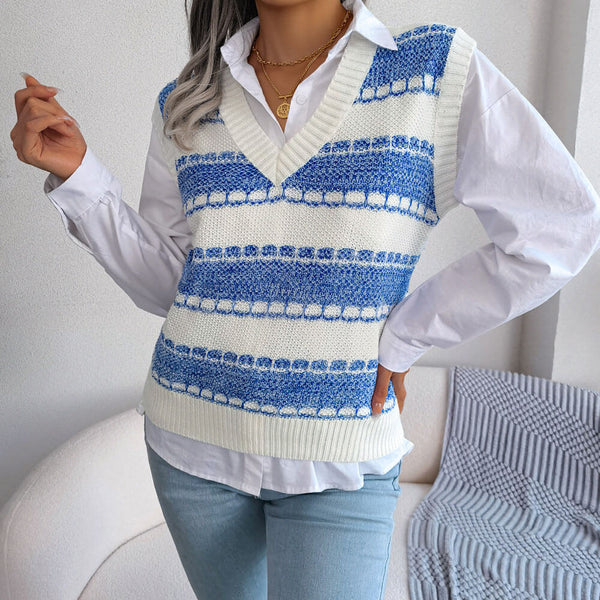Chic Contrast Striped Pattern V Neck Marled Knit Sweater Vest