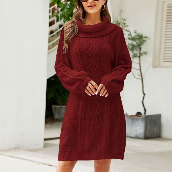 Chic Cowl Neck Balloon Sleeve Fisherman Cable Knit Mini Sweater Dress