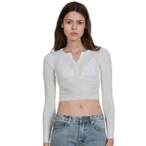 Chic Crew Neck Half Button Long Sleeve White Fitted Rib Knit Cropped Top