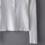 Chic Crew Neck Half Button Long Sleeve White Fitted Rib Knit Cropped Top
