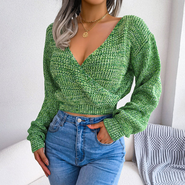 Chic Crossover V Neck Balloon Sleeve Marled Knit Cropped Sweater