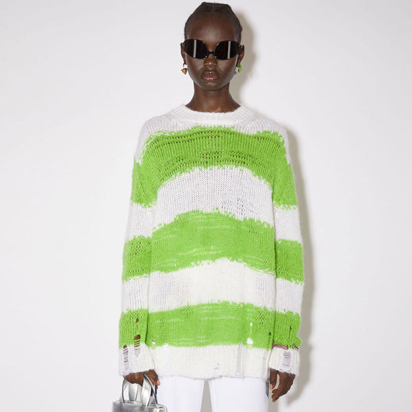 Chic Distressed Oversized Striped Print Long Sleeve Knit Sweater