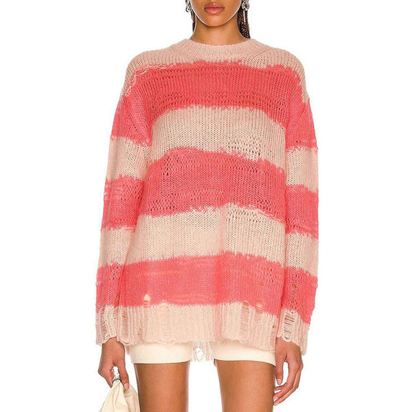 Chic Distressed Oversized Striped Print Long Sleeve Knit Sweater