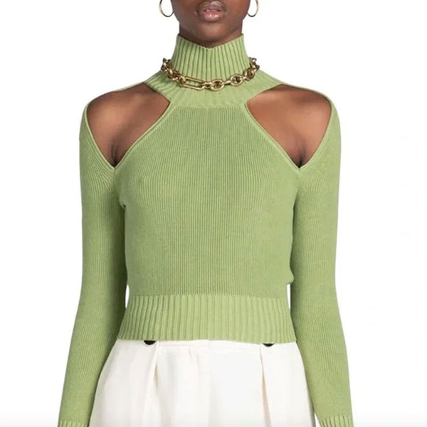 Chic High Neck Cold Shoulder Long Sleeve Openback Cropped Knit Top