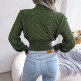 Chic High Neck Pointelle Crochet Knit Cropped Sweater
