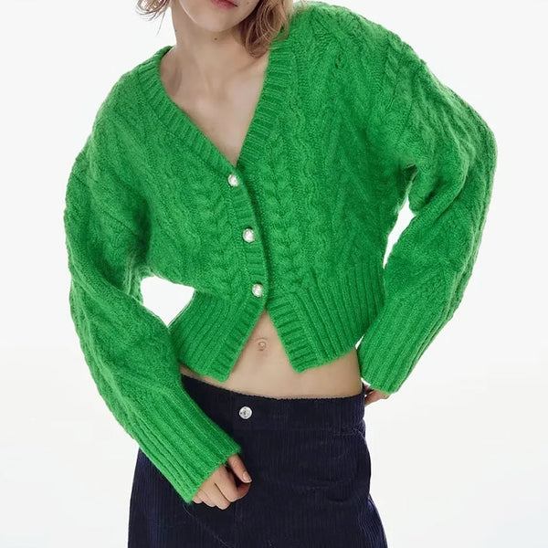 Chic Green Imitation Pearl Button Up Fisherman Cable Knit Crop Cardigan