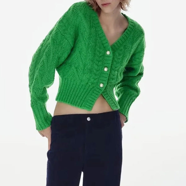 Chic Green Imitation Pearl Button Up Fisherman Cable Knit Crop Cardigan