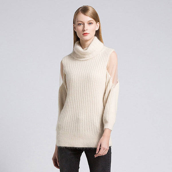 Chic Mesh Panel Cowl Neck Cream Long Sleeve Rib Knit Long Sweater