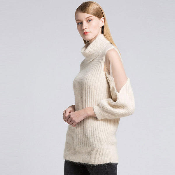 Chic Mesh Panel Cowl Neck Cream Long Sleeve Rib Knit Long Sweater