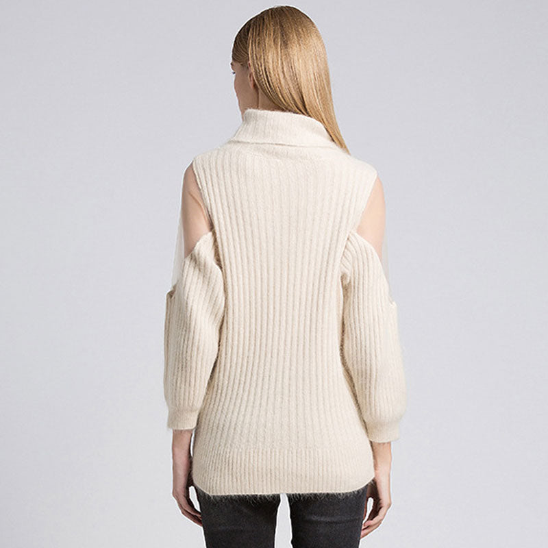 Chic Mesh Panel Cowl Neck Cream Long Sleeve Rib Knit Long Sweater