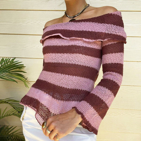 Chic Off The Shoulder Foldover Bell Sleeve Mauve Striped Open Knit Sweater