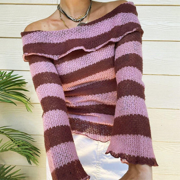 Chic Off The Shoulder Foldover Bell Sleeve Mauve Striped Open Knit Sweater