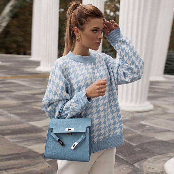 Chic Baby Blue Oversized Crewneck Houndstooth Jacquard Knit Sweater
