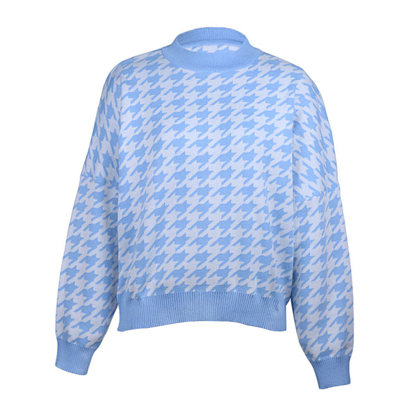 Chic Baby Blue Oversized Crewneck Houndstooth Jacquard Knit Sweater