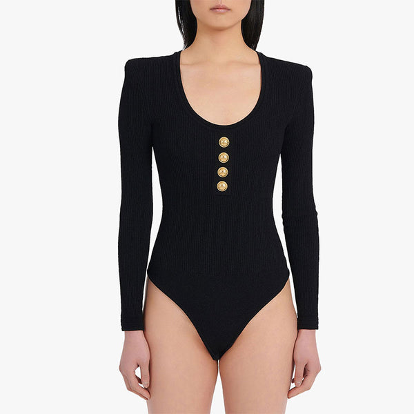 Chic Black Pointelle Knit Button Detail Scoop Neck Long Sleeve Bodysuit